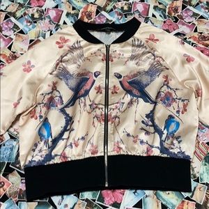 Silky bird & cherry blossom print light jacket